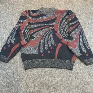 Vintage 80s Front Line Mens Medium Gray Abstract Print Pullover Grandpa Sweater